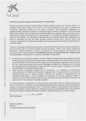 Carta de la Caixa proponiendo la eliminación temporal de las clausulas suelo en sus hipotecas